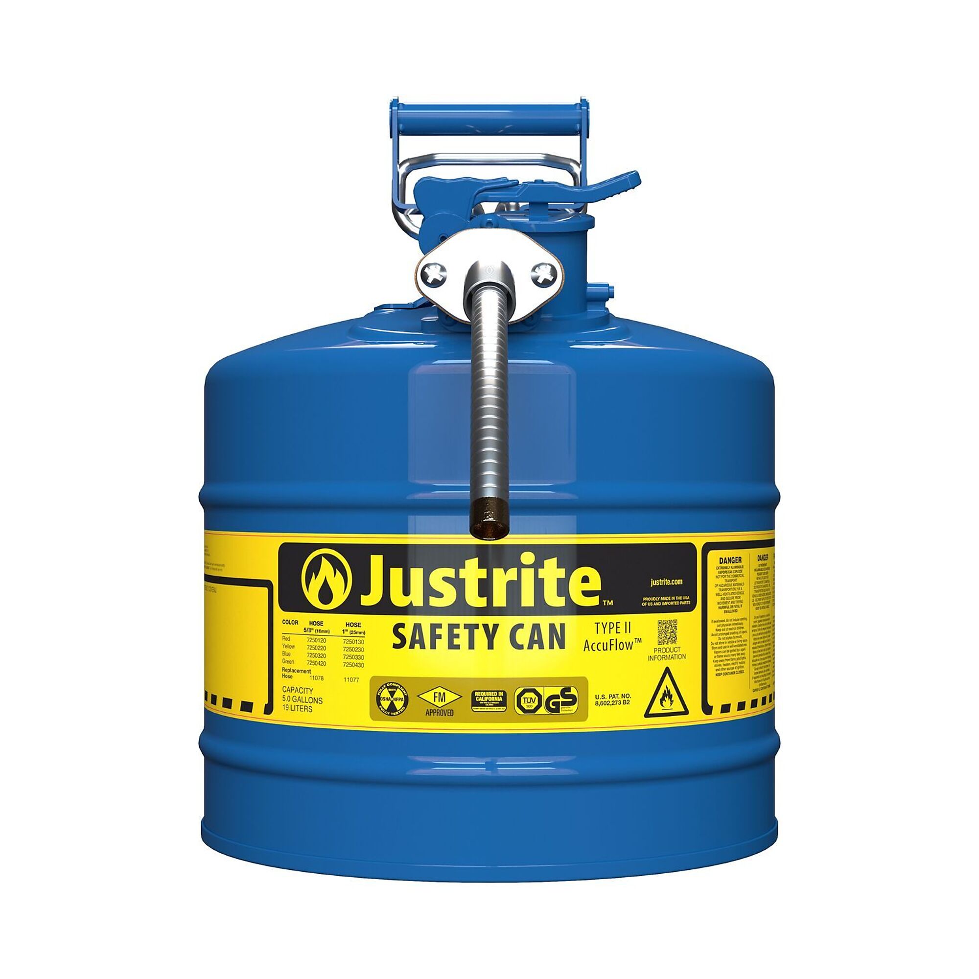 Type II AccuFlow„ Steel Safety Can for flammables, 5 gal., S/S flame arrester, 5/8" metal hose, Blu.
